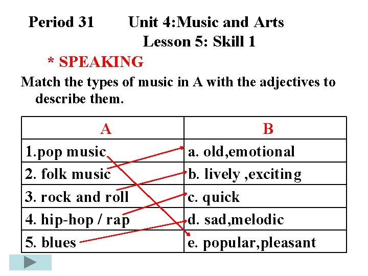 Period 31 Unit 4: Music and Arts Lesson 5: Skill 1 * SPEAKING Match Period 31 Unit 4: Music and Arts Lesson 5: Skill 1 * SPEAKING Match