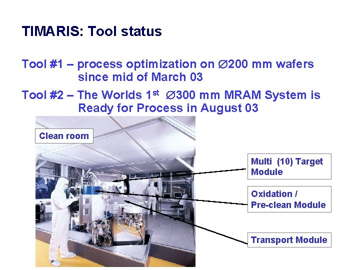 TIMARIS: Tool status Tool #1 – process optimization on 200 mm wafers since mid