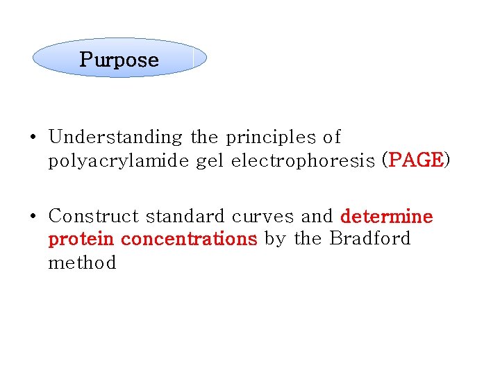Purpose • Understanding the principles of polyacrylamide gel electrophoresis (PAGE) • Construct standard curves Purpose • Understanding the principles of polyacrylamide gel electrophoresis (PAGE) • Construct standard curves