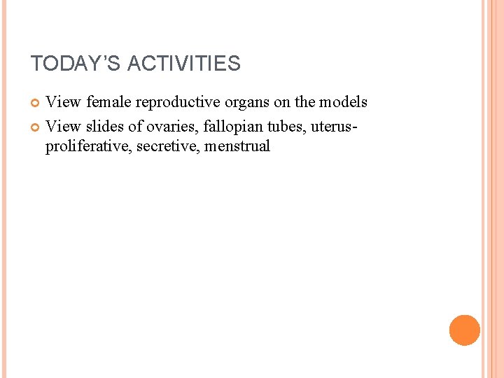TODAY’S ACTIVITIES View female reproductive organs on the models View slides of ovaries, fallopian