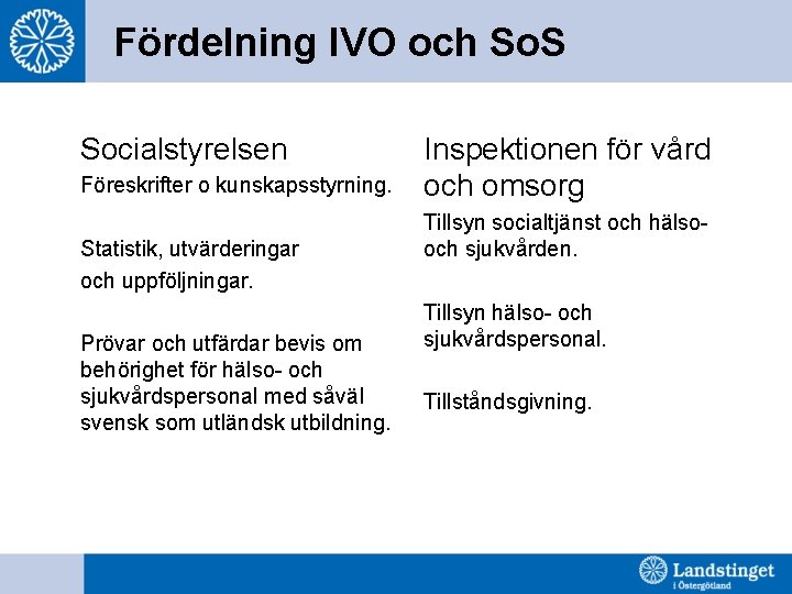 Fördelning IVO och So. S Socialstyrelsen Föreskrifter o kunskapsstyrning. Statistik, utvärderingar och uppföljningar. Prövar