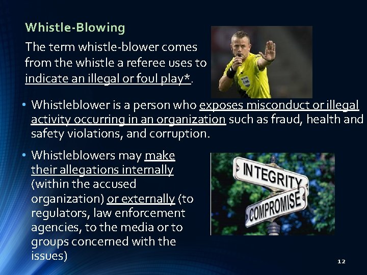 Whistle-Blowing The term whistle-blower comes from the whistle a referee uses to indicate an Whistle-Blowing The term whistle-blower comes from the whistle a referee uses to indicate an