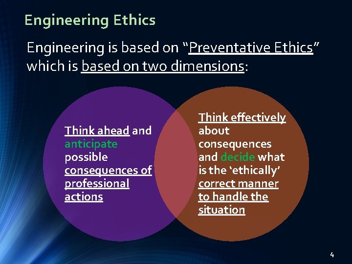 Engineering Ethics Engineering is based on “Preventative Ethics” which is based on two dimensions: Engineering Ethics Engineering is based on “Preventative Ethics” which is based on two dimensions: