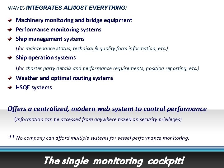 WAVES INTEGRATES ALMOST EVERYTHING: Machinery monitoring and bridge equipment Performance monitoring systems Ship management