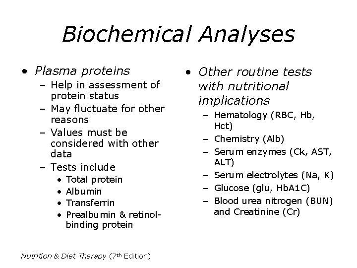 Biochemical Analyses • Plasma proteins – Help in assessment of protein status – May
