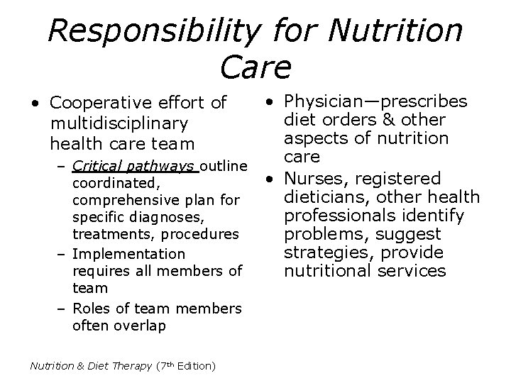 Responsibility for Nutrition Care • Physician—prescribes diet orders & other aspects of nutrition care