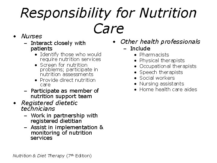 Responsibility for Nutrition Care • Nurses – Interact closely with patients • Identify those