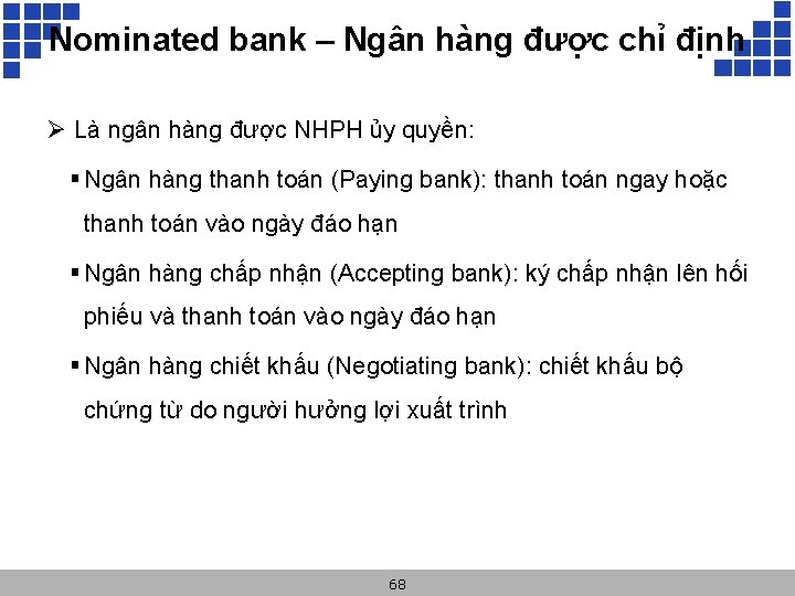 Nominated bank – Ngân hàng được chỉ định Ø Là ngân hàng được NHPH