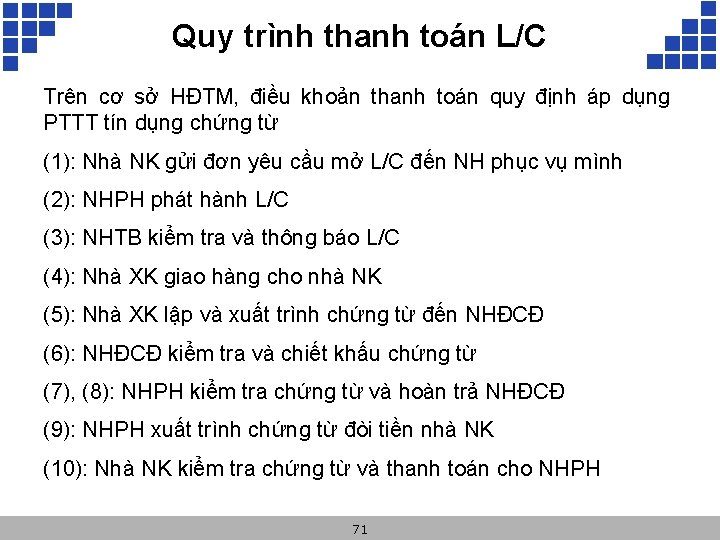 Quy trình thanh toán L/C Trên cơ sở HĐTM, điều khoản thanh toán quy