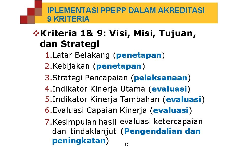 IPLEMENTASI PPEPP DALAM AKREDITASI 9 KRITERIA Kriteria 1& 9: Visi, Misi, Tujuan, dan Strategi