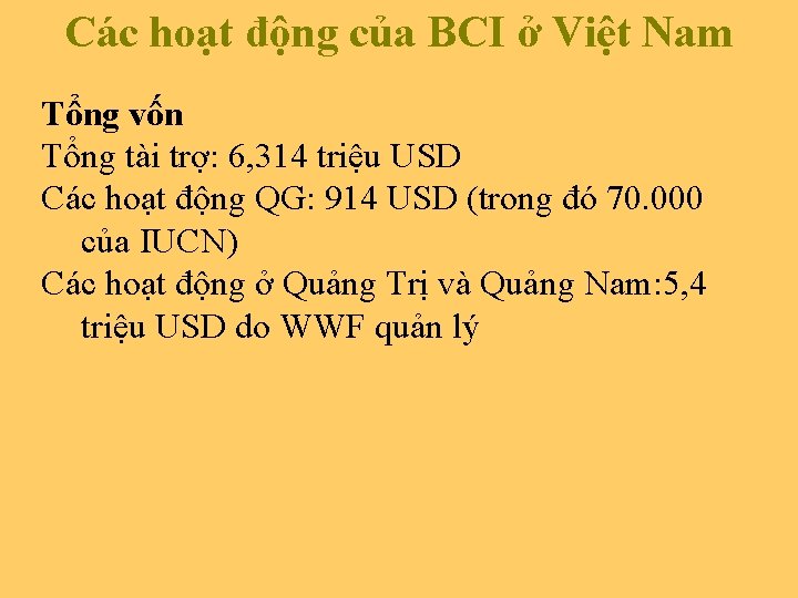 Các hoạt động của BCI ở Việt Nam Tổng vốn Tổng tài trợ: 6,