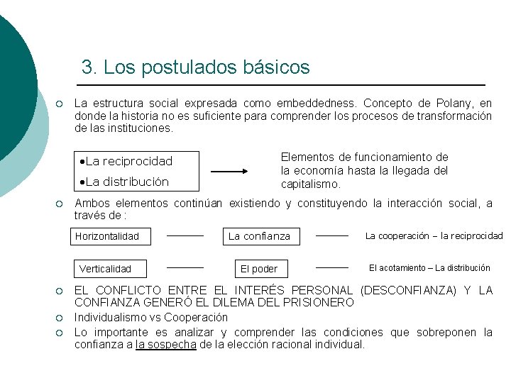 3. Los postulados básicos ¡ La estructura social expresada como embeddedness. Concepto de Polany,