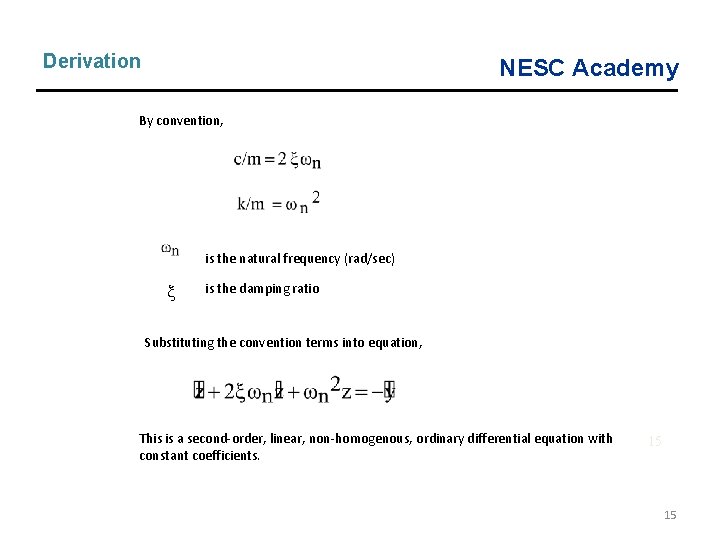 Derivation NESC Academy By convention, is the natural frequency (rad/sec) is the damping ratio