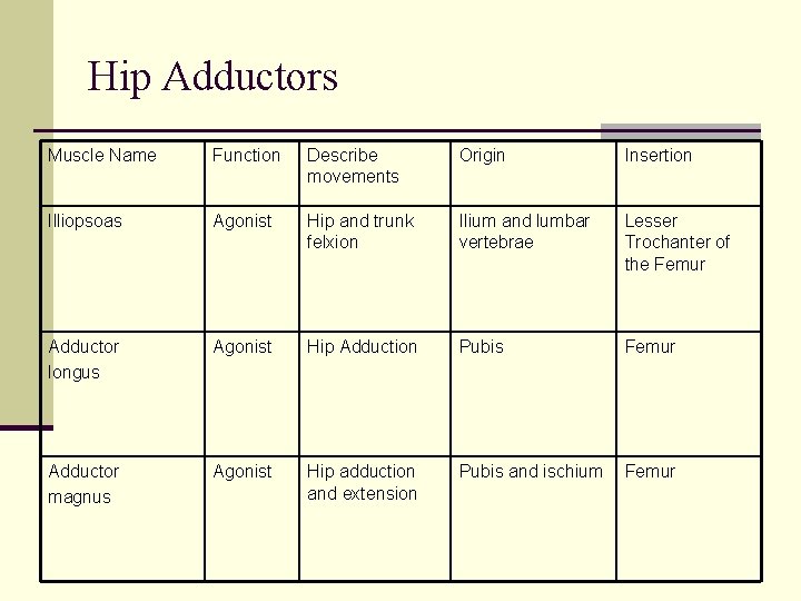 Hip Adductors Muscle Name Function Describe movements Origin Insertion Illiopsoas Agonist Hip and trunk