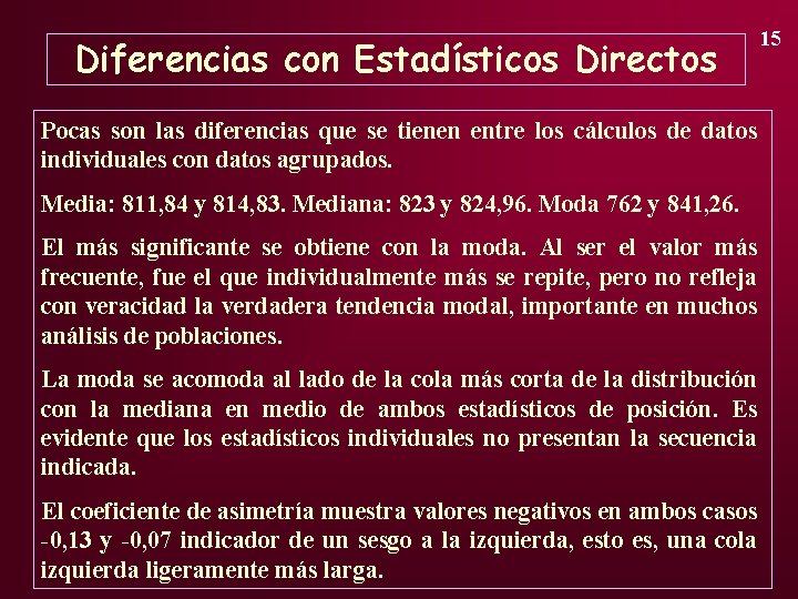 Diferencias con Estadísticos Directos Pocas son las diferencias que se tienen entre los cálculos