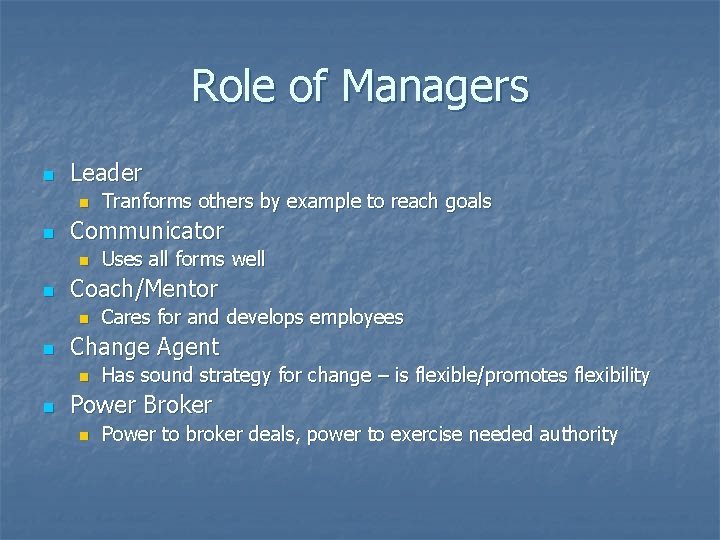 Role of Managers n Leader n n Communicator n n Cares for and develops