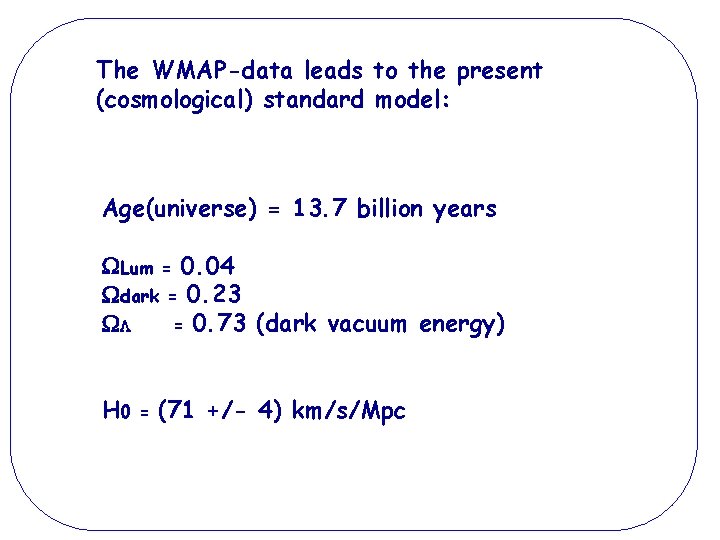The WMAP-data leads to the present (cosmological) standard model: Age(universe) = 13. 7 billion