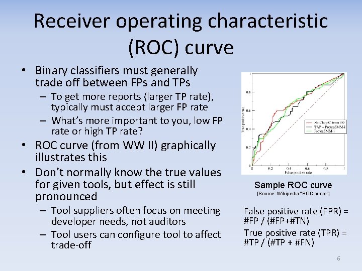 Receiver operating characteristic (ROC) curve • Binary classifiers must generally trade off between FPs