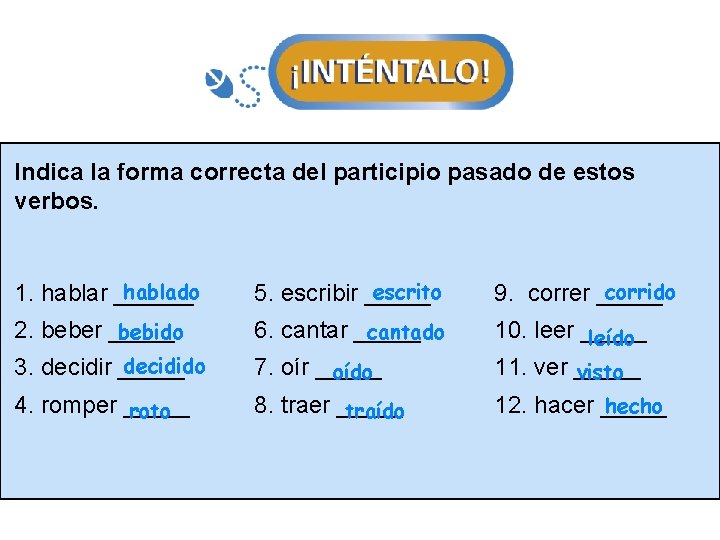 Indica la forma correcta del participio pasado de estos verbos. hablado 1. hablar ______