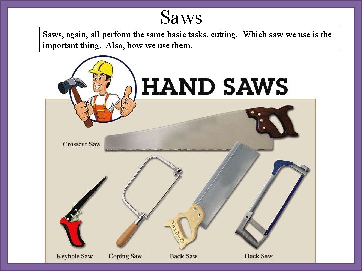 Saws, again, all perform the same basic tasks, cutting. Which saw we use is