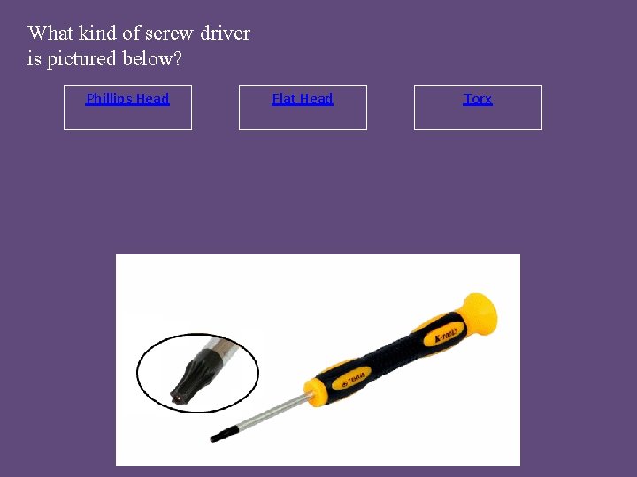 What kind of screw driver is pictured below? Phillips Head Flat Head Torx 