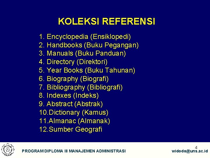 KOLEKSI REFERENSI 1. Encyclopedia (Ensiklopedi) 2. Handbooks (Buku Pegangan) 3. Manuals (Buku Panduan) 4.