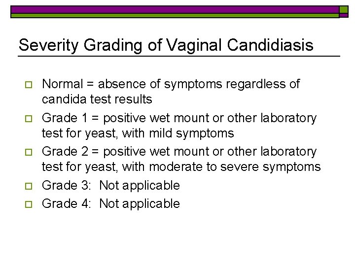 Severity Grading of Vaginal Candidiasis o o o Normal = absence of symptoms regardless
