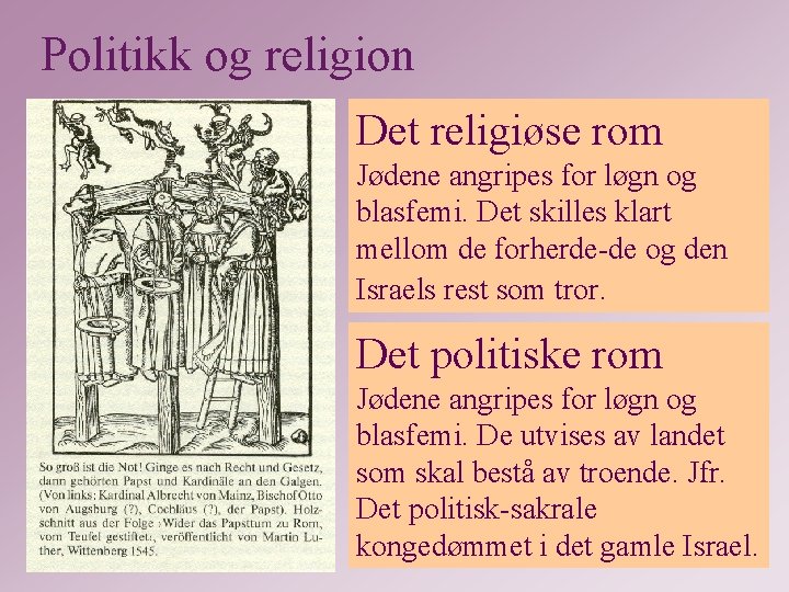 Politikk og religion Det religiøse rom Jødene angripes for løgn og blasfemi. Det skilles