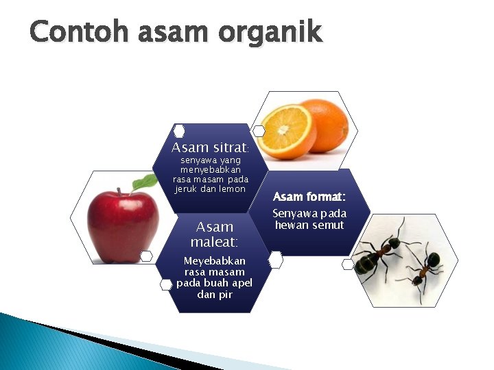 Contoh asam organik Asam sitrat: senyawa yang menyebabkan rasa masam pada jeruk dan lemon