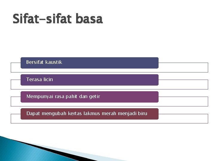 Sifat-sifat basa Bersifat kaustik Terasa licin Mempunyai rasa pahit dan getir Dapat mengubah kertas