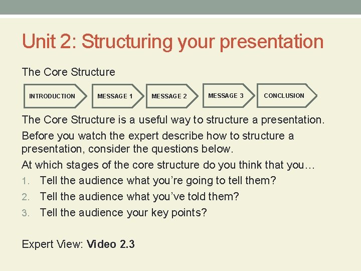 Unit 2: Structuring your presentation The Core Structure INTRODUCTION MESSAGE 1 MESSAGE 2 MESSAGE