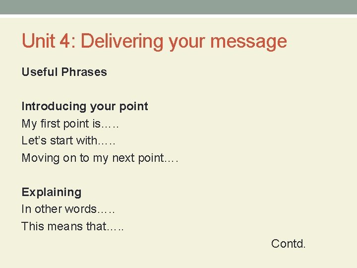 Unit 4: Delivering your message Useful Phrases Introducing your point My first point is….