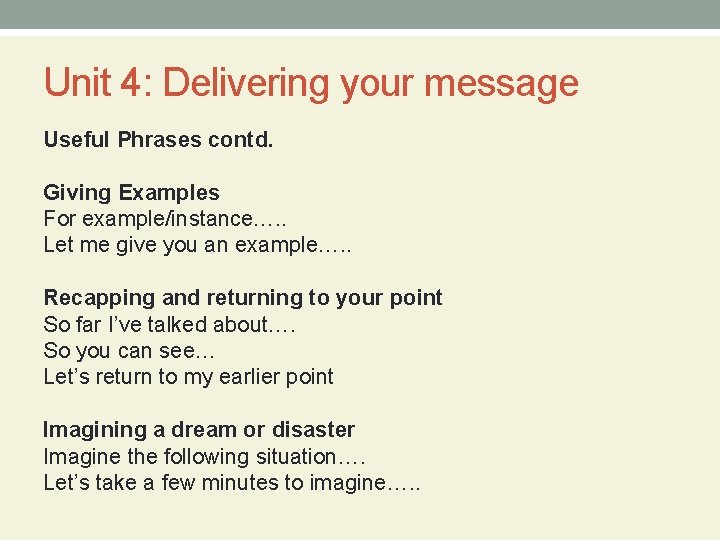 Unit 4: Delivering your message Useful Phrases contd. Giving Examples For example/instance…. . Let