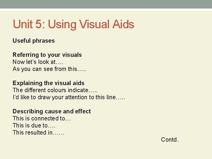 Unit 5: Using Visual Aids Useful phrases Referring to your visuals Now let’s look