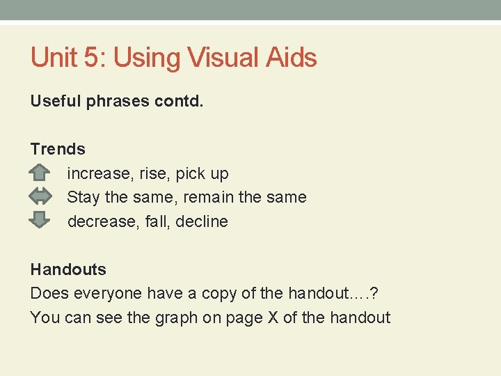 Unit 5: Using Visual Aids Useful phrases contd. Trends increase, rise, pick up Stay