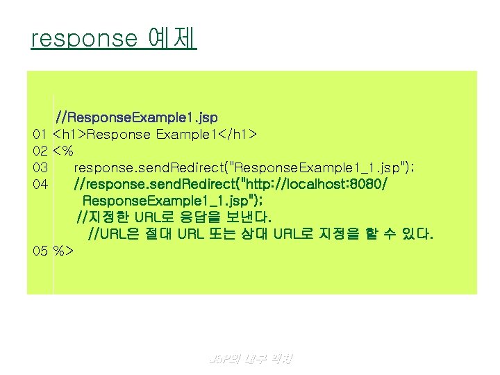 response 예제 //Response. Example 1. jsp 01 <h 1>Response Example 1</h 1> 02 <%