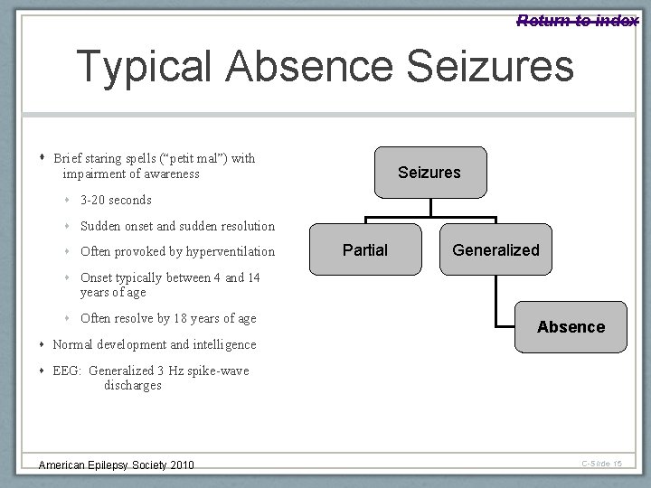 Return to index Typical Absence Seizures Brief staring spells (“petit mal”) with Seizures impairment