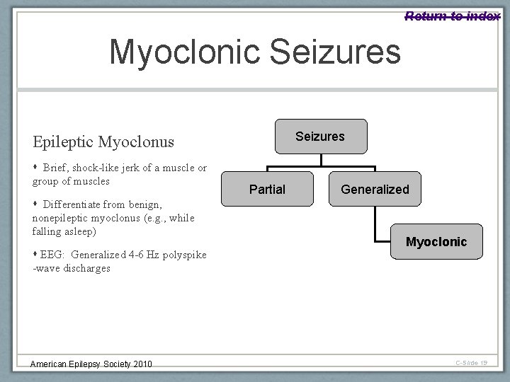 Return to index Myoclonic Seizures Epileptic Myoclonus Brief, shock-like jerk of a muscle or