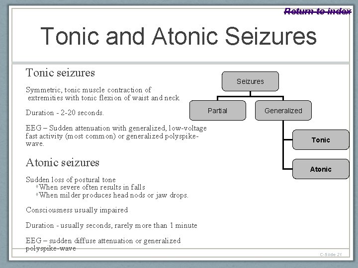 Return to index Tonic and Atonic Seizures Tonic seizures Symmetric, tonic muscle contraction of