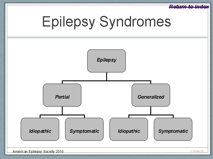 Return to index Epilepsy Syndromes Epilepsy Partial Idiopathic American Epilepsy Society 2010 Generalized Symptomatic