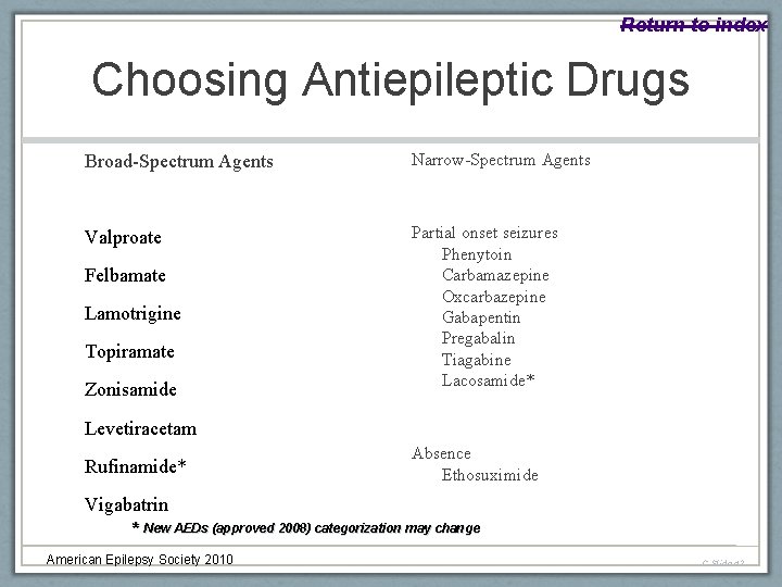 Return to index Choosing Antiepileptic Drugs Broad-Spectrum Agents Narrow-Spectrum Agents Valproate Partial onset seizures