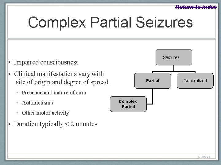 Return to index Complex Partial Seizures Impaired consciousness Clinical manifestations vary with site of