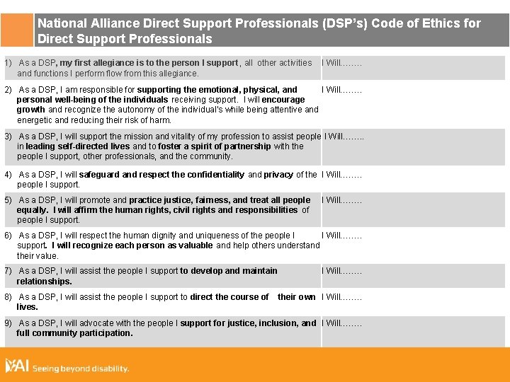 National Alliance Direct Support Professionals (DSP’s) Code of Ethics for Direct Support Professionals 1)