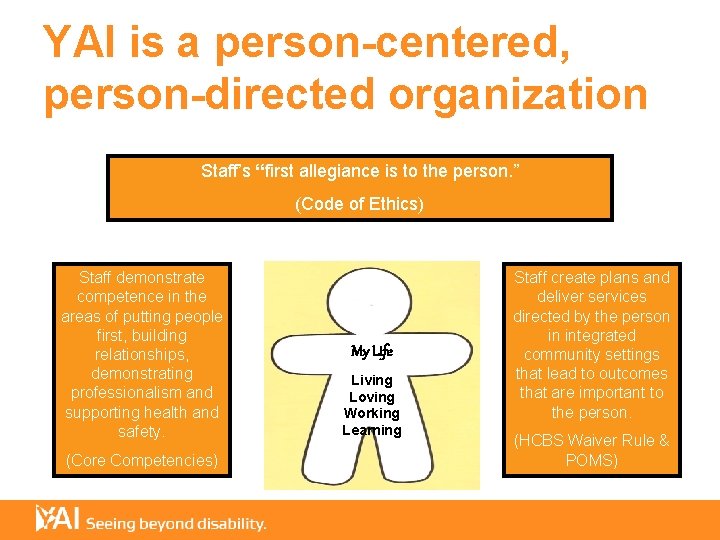 YAI is a person-centered, person-directed organization Staff’s “first allegiance is to the person. ”