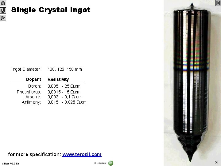 Single Crystal Ingot Diameter: Dopant Boron: Phosphorus: Arsenic: Antimony: 100, 125, 150 mm Resistivity