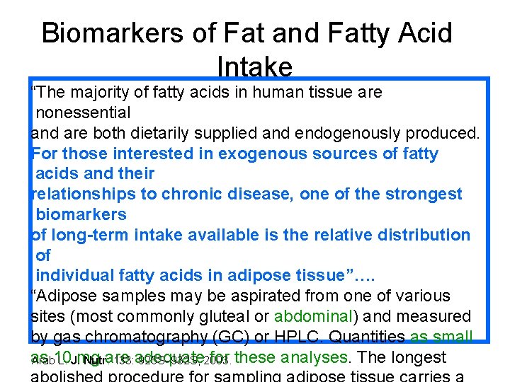 Biomarkers of Fat and Fatty Acid Intake “The majority of fatty acids in human