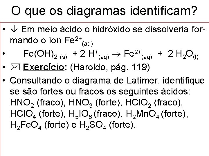 O que os diagramas identificam? • Em meio ácido o hidróxido se dissolveria formando