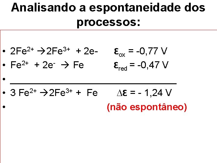 Analisando a espontaneidade dos processos: • • • 2 Fe 2+ 2 Fe 3+