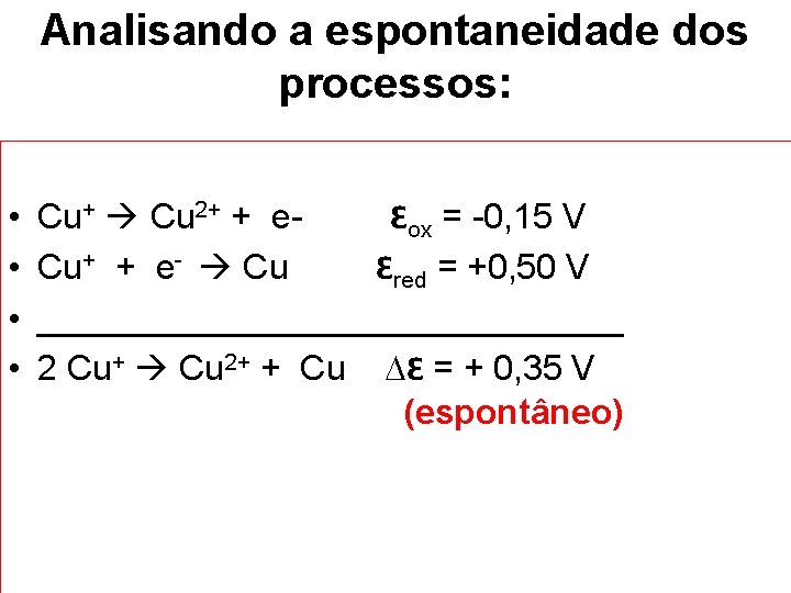 Analisando a espontaneidade dos processos: • • Cu+ Cu 2+ + eԐox = -0,