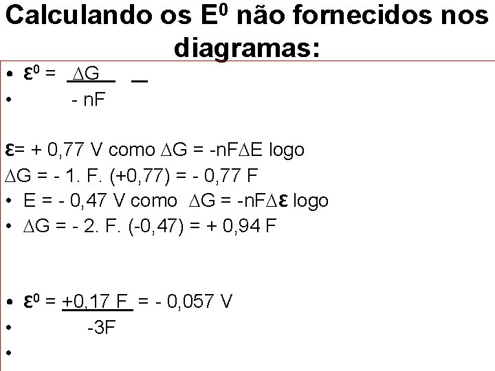 Calculando os E 0 não fornecidos nos diagramas: • Ԑ 0 = G •